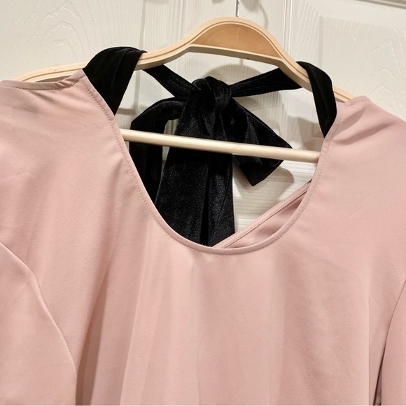Blush Pink Black Velvet Bow Tie-Back V-Neck Babydoll Bell Long Sleeve Top - Picture 3 of 7